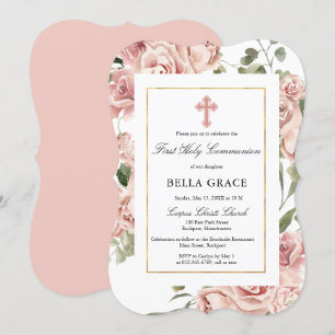 Invitation Rose Rustique Rose Floral Première Communion Saint