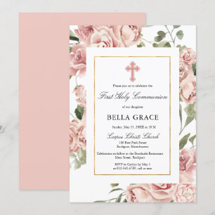 Invitation Rose Rustique Rose Floral Première Communion Saint