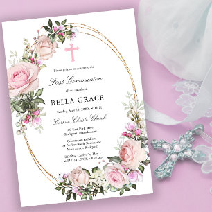 Invitation Rose Rustique Rose Floral Première Communion Saint