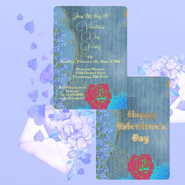 Invitation Rose Rustique Saint Valentin Fête du Bleu Floral (Rustic Pink Rose Valentine's Day Party Blue Floral Invitation)