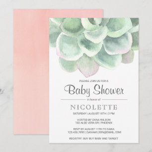 Invitation Rose Sage Green Girl Baby shower Succulent