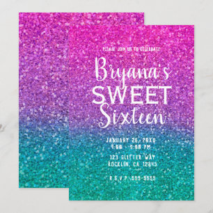 Invitation Rose sarcelle aqua et violet pailleté glitter Swee