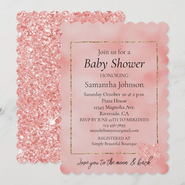 Invitation Rose saumon pailleté cœur amour (Devant / Derrière)