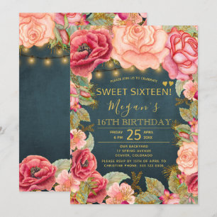 Invitation Rose saumon pêche or marine guirlande lumineuse sw
