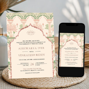 Invitation Rose saumon vert menthe Jardin de lotus Mariage in
