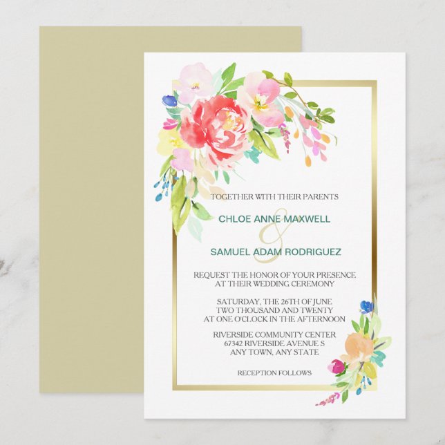 Invitation Rose sauvage Bouquet  Gold Frame Mariage (Devant / Derrière)