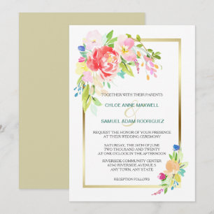 Invitation Rose sauvage Bouquet  Gold Frame Mariage