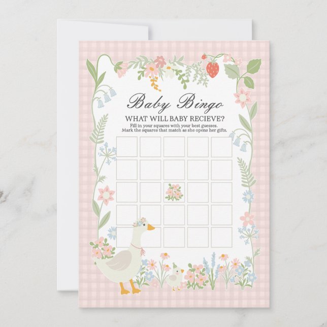 Invitation Rose Silly Goose Floral En vichy Baby Bingo Jeu (Devant)