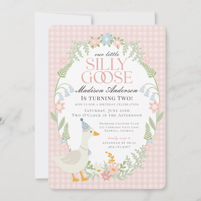 Invitation Rose Silly Goose Floral En vichy fête d'anniversai (Devant)