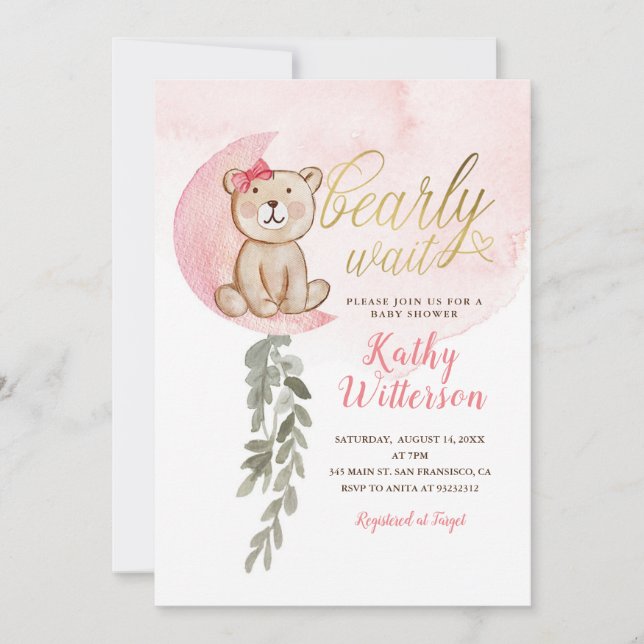 Invitation Rose sur la lune Ours Baby shower fille (Devant)