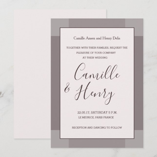 Invitation Rose taupe bleu gris lilas élégant mariage moderne (Devant / Derrière)