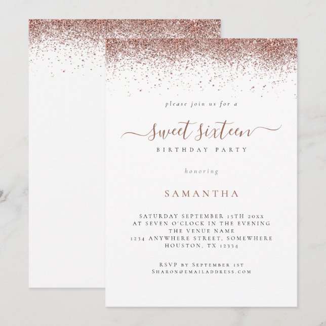 Invitation Rose tendance Parties scintillant or Script Sweet  (Devant / Derrière)