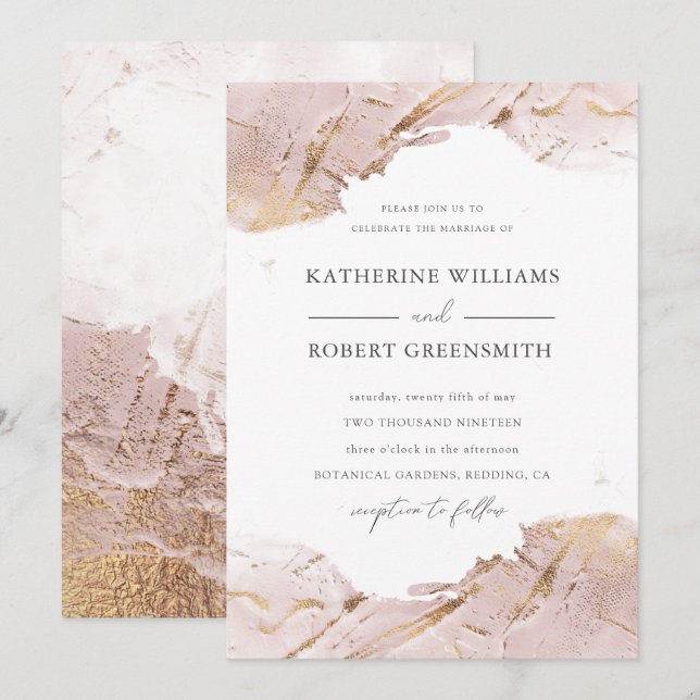 Invitation rose texturé fausse feuille d'or élégant Mariage (Devant / Derrière)