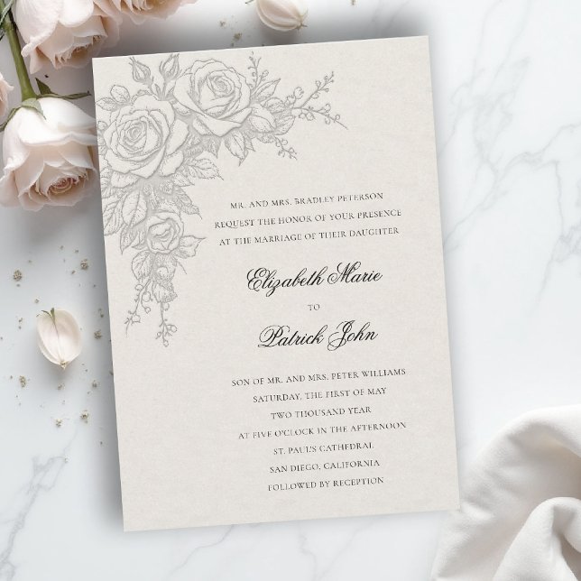 Invitation Rose Theme Timeless Ecru Formal Classic Wedding (formal traditional wedding invitation roses theme floral modern classic luxury ecru neutral cream)