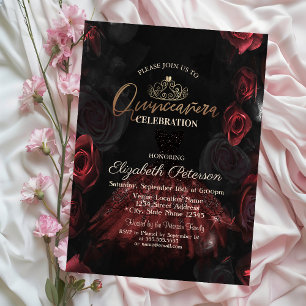 Invitation Rose, Tiara, Chic Roses Rouges Quinceañera