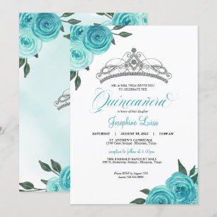 Invitation Rose turquoise Argent Tiara Quinceañera Anniversai