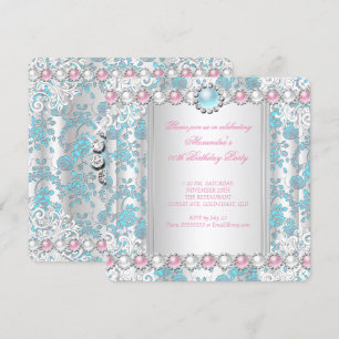Invitation Rose Turquoise Damask White Pink Pearl fête d'anni