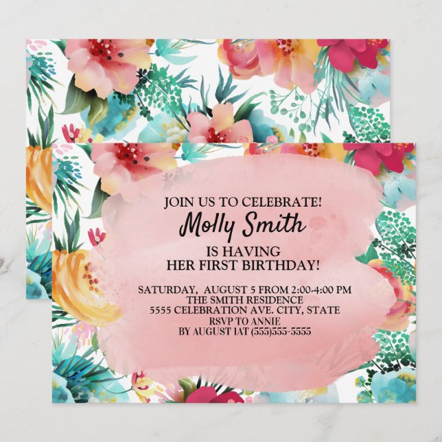 Invitation Rose Turquoise Fleurs Jaunes Fille Premier anniver (Devant / Derrière)