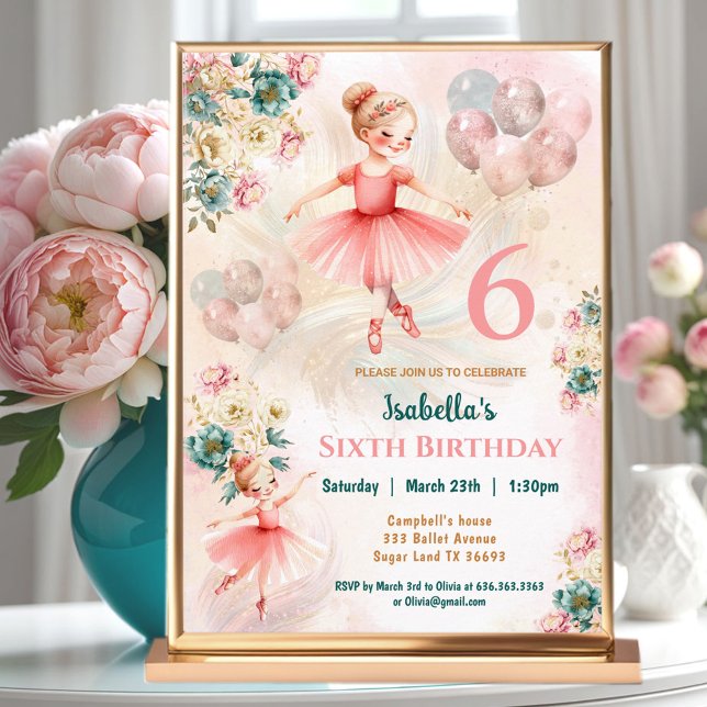 Invitation Rose Turquoise Floral Blond Ballerina Fille Annive (Pink Teal Floral Blond Ballerina Girl Birthday Invitation)