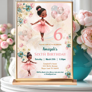 Invitation Rose Turquoise Floral Peau foncée Ballerina Fille 
