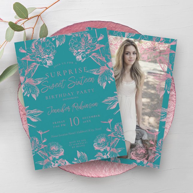Invitation Rose Turquoise Or Floral SURPRISE Sweet 16 (Turquoise Rose Gold Floral SURPRISE Sweet 16 Invitation)