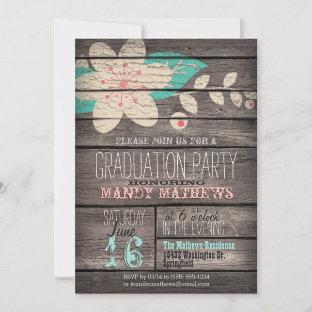 Invitation Rose & Turquoise; Rustic Wood Graduation Party (Devant)