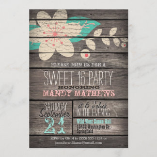 Invitation Rose & Turquoise; Rustic Wood Sweet 16 Party
