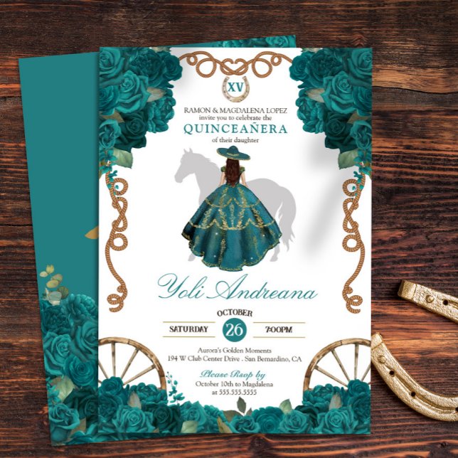 Invitation Rose turquoise Western Charro Quinceanera (Créateur téléchargé)