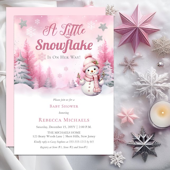 Invitation Rose Un Petit Feu De Neige | Baby shower Fille de  (Pink A Little Snowflake | Snow Girl Baby Shower Invitation)
