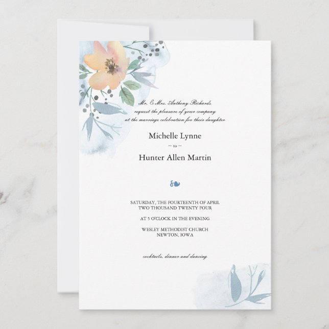 Invitation Rose unique et Mariage bleu Dusty (Devant)