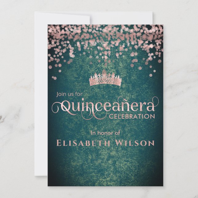Invitation Rose vert en or confetti tiara Quinceañera (Devant)