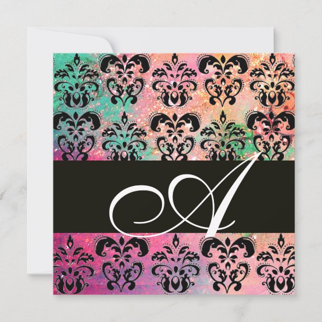 Invitation ROSE VERT FUCHSIA NOIR DAMAS MONOGRAMME, blanc (Devant)