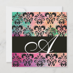 Invitation ROSE VERT FUCHSIA NOIR DAMAS MONOGRAMME, blanc