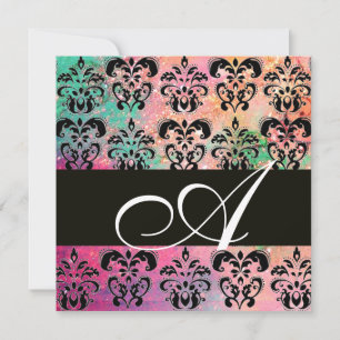 Invitation ROSE VERT FUCHSIA NOIR DAMASK MONOGRAM, blanc