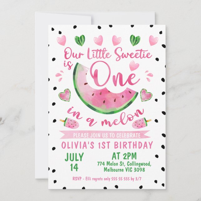 Invitation Rose Vert Noir Un Dans Un Melon 1er Anniversaire (Devant)