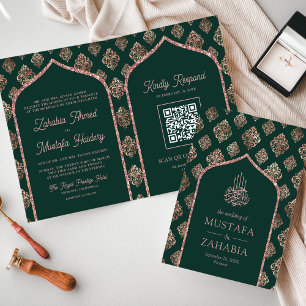 Invitation Rose vert or Damask Arch QR Code Musulman Mariage