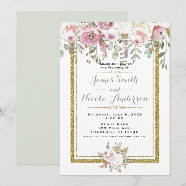 Invitation Rose Vert & Or Moderne Floral Pastel Mariage (Devant / Derrière)
