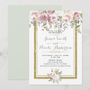Invitation Rose Vert & Or Moderne Floral Pastel Mariage
