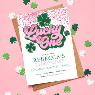 Invitation Rose Vert Premier Anniversaire Chanceux