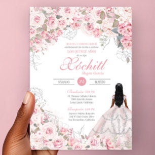 Invitation Rose vif avec Rose en fleurs argentées Quinceanera