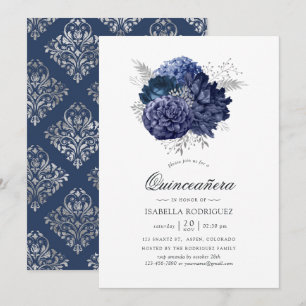 Invitation Rose Vintage bleu marine et argent Quinceañera