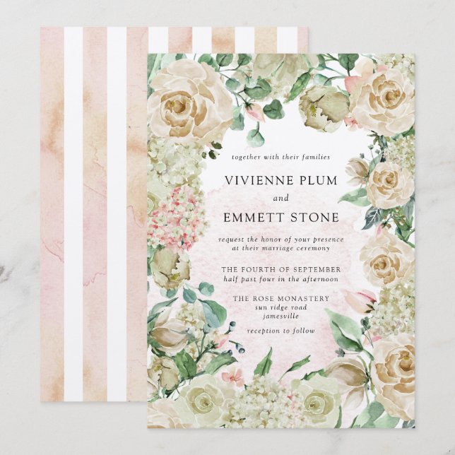 Invitation Rose vintage ivoire Hydrangea Mariage Floral (Devant / Derrière)