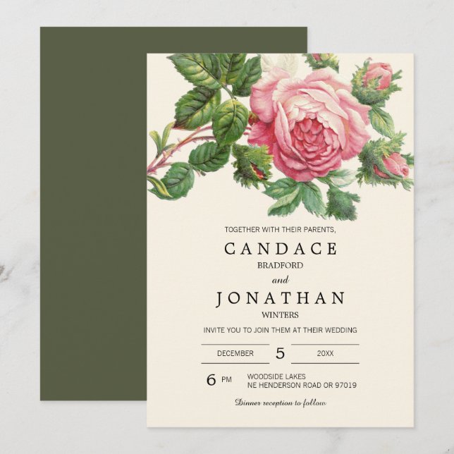 Invitation Rose Vintage peint Mariage Boho (Devant / Derrière)