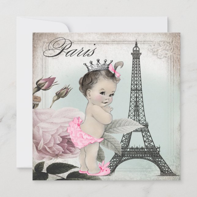 Invitation Rose vintage Tour Paris Baby shower (Devant)