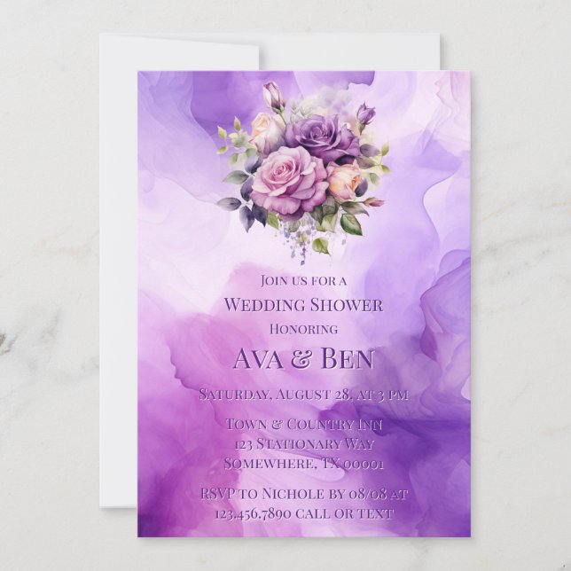 Invitation Rose violet alcool Jardin Mariage Douche (Devant)