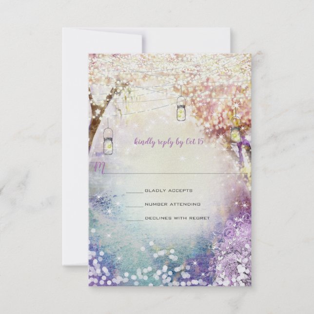 Invitation Rose violet bleu Fairy Lights Boho Forest Mariage (Devant)