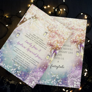 Invitation Rose violet bleu Fairy Lights Boho Forest Mariage
