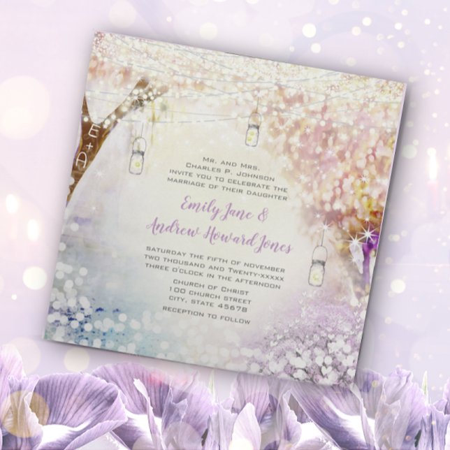 Invitation Rose violet bleu Fairy Lights Boho Forest Mariage (Créateur téléchargé)