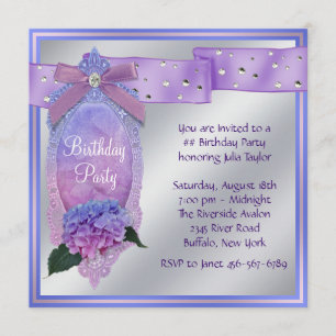 Invitation Rose violet bleu Hydrangea fête d'anniversaire