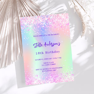 Invitation Rose violet éclat holographique 18e anniversaire
